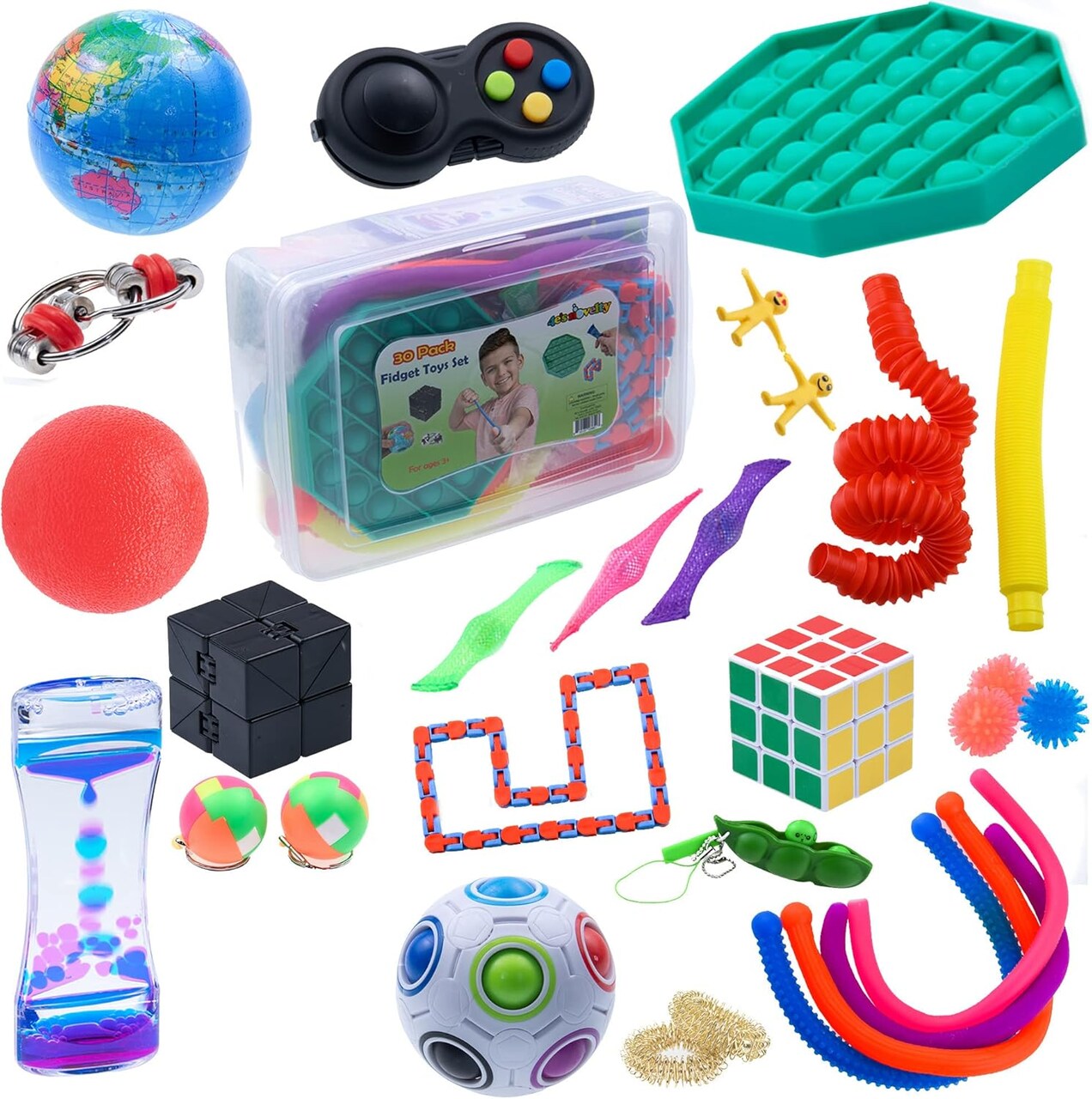 4E's Novelty 30 Pack Fidget Toy Set for Kids - Sensory Toys, Anxiety, ADHD & Autism Toys, Social Emotional Learning